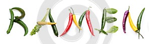 RAMEN, green yellow red chili purple pepper, celery stick, carrot, letter for vegan, vegetarian, vegetables ramen recipe