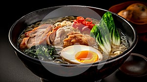 Ramen: A Japanese cuisine, a bowl of steaming broth with umami flavors, adorned with springy noodles