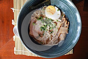 Ramen Japanese noodle soup food with noodle pork egg seaweed