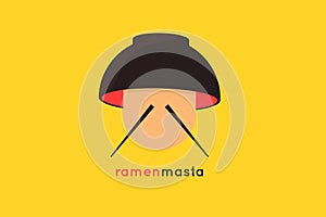 Ramen masta, japanese traditional noodle logo design template showing bowl, chopstick, and a man