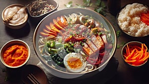 Ramen Noodle Bowl with Assorted Vegetables and Egg, AI generated Illustration, realistic