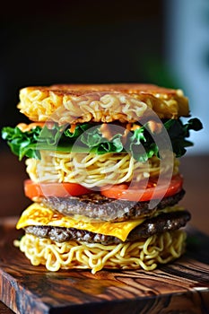 Ramen noodle burger with lettuce, tomato, and cheese. Creative fusion cuisine