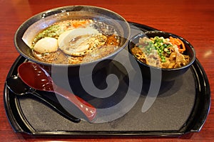 Ramen noodle dish served in a broth with sliced pork, green onion, boiled egg. Gyudon Japanese dish consisting of a bowl