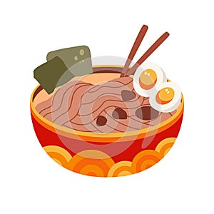 Ramen noodles in a bowl with chopsticks vector illustration, asian food concept