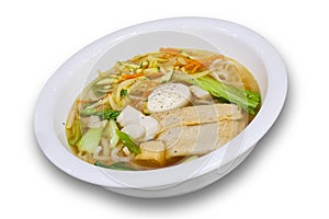 Ramen real original style in white bowl with tofu fish meat pork vegetable on white background die cut with clipping path
