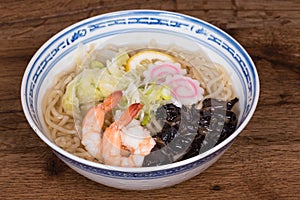 Ramen Shio with fish broth, shrimp, naruto Kamaboko,.black mushrooms, Chinese cabbage