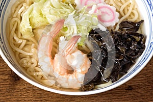 Ramen Shio with fish broth, shrimp, naruto Kamaboko,.black mushrooms, Chinese cabbage