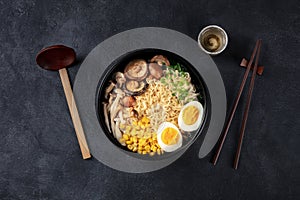 Ramen. Soba noodles with eggs, shiitake mushrooms, and vegetables