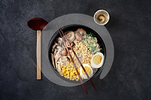 Ramen. Soba noodles with eggs, shiitake mushrooms, and vegetables