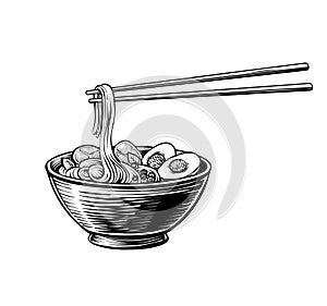 Ramen soup in a black bowl with holding chopsticks, hand drawn illustration.