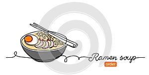 Ramen soup noodles vector banner, background. One continuous line art drawing banner with text Ramen soup for order