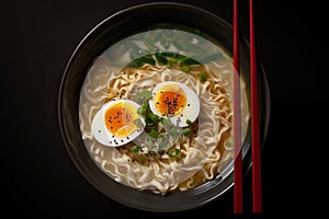 Ramen soup is a traditional Japanese dish consisting of noodles served in a flavorful broth, typically made with soy