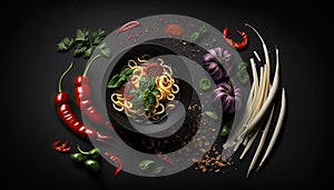 Ramen with vegetables and hot peppers in a plate on a black background.