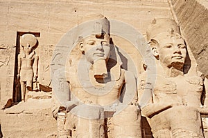 Ramesses the second or Ramesses the Great and Horus statues carved in rock at Abu Simbel Temple