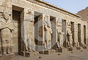 Ramessid statues in the first courtyard of the Mortuary Temple of Ramesses III