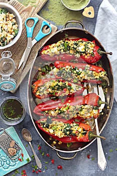 Ramiro peppers stuffed with lentils, spinach and feta