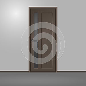 Ramp brown wooden new door with door`s glass frame in a room. Home interior. Vector illustration.