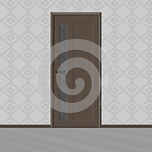 Ramp brown wooden new door with door`s glass frame in a room. Home interior. Vector illustration.