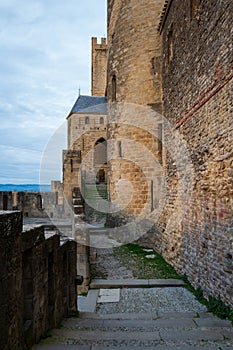 The rampart close to the tower named tour de Saint Nazaire in the CitÃ© of Carcassonne, the fortified city of Carcassonne, france
