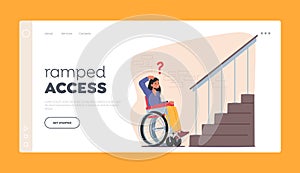 Ramped Access Landing Page Template. Female Character on Wheelchair Trying to Access Building Porch without Ramp