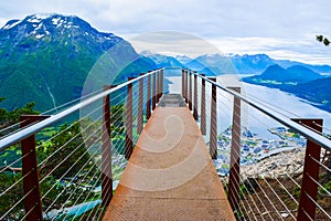 Rampestreken viewpoint. Panoramic nobody landscape to Romsdalen Valley and Andalsnes city in Norway