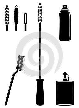 Ramrod, brushes, spray, oil can for cleaning gun. Cleaning tools set vector