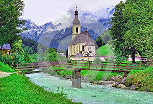 Ramsau church and river in Germany Alps