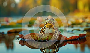 Rana arvalis in a puddle after rain, closeup view of frog in water