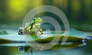 Rana arvalis in a puddle after rain, closeup view of frog in water
