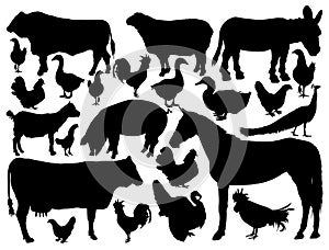 Ranch farm animals collection vector silhouette illustration isolated.