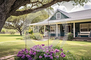 ranch house with porch swing, surrounded by blooming flowers and greenery