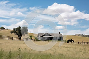 ranch house with view of rolling hills and fields, with horse and cattle grazing