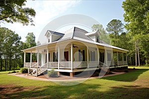 ranch house with wrap-around porch and rocking chairs