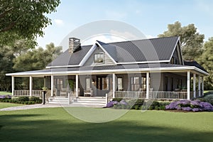 ranch house with wrap-around porch and rocking chairs