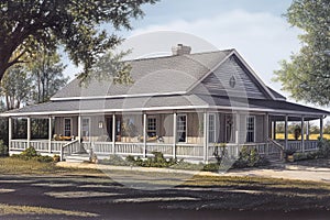 ranch house with wrap-around porch and rocking chairs