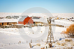 Ranch With Red Barn In Winter