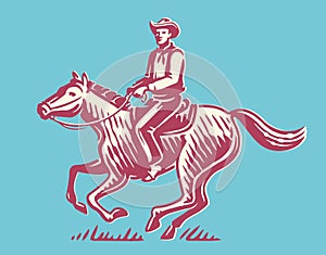 Cowboy sits astride a running horse. Ranch, rodeo, equitation emblem. Hand drawn vector illustration photo