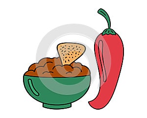 Ranchera Mexican sauce with red chilli pepper. Traditional latin american sauce. Cute vector illustration with outlined