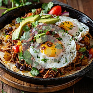 Ranchero eggs american dish with vegetables and tortillas