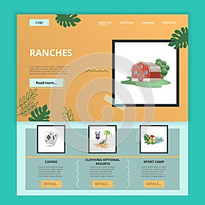 Ranches flat landing page website template. Casino, clothing optional resort, sport camp. Web banner with header photo