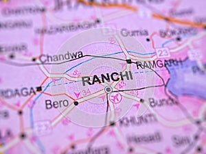 Ranchi on a map of India with blur effect