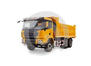A rand New Orange Construction Dump Truck Isolated on a White Background. Front view
