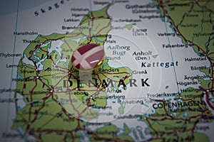 Randers pinned on a map with the flag of Denmark