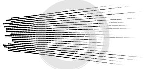 Random 3d dashed lines in perspective. segmented stripes geometric pattern. vanish, diminish streaks. irregular fading strips