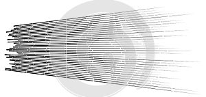 Random 3d dashed lines in perspective. segmented stripes geometric pattern. vanish, diminish streaks. irregular fading strips