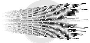 Random 3d dashed lines in perspective. segmented stripes geometric pattern. vanish, diminish streaks. irregular fading strips