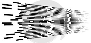 Random 3d dashed lines in perspective. segmented stripes geometric pattern. vanish, diminish streaks. irregular fading strips