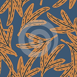 Random abstract botanic seamless pattern with orange leaf simple ornament. Blue background
