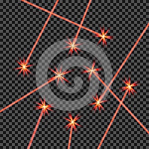 Random abstract red laser beams light isolated on transparent black background. Vector illustration laser ray