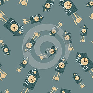 Random antique cuckoo clock ornament seamless pattern in hand drawn style. Navy blue pastel background